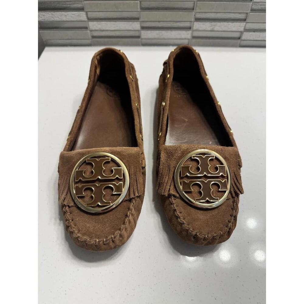 Tory Burch Brown Suede Flats Logo Gold-tone Fringe Round Toe Slip On Size 9M